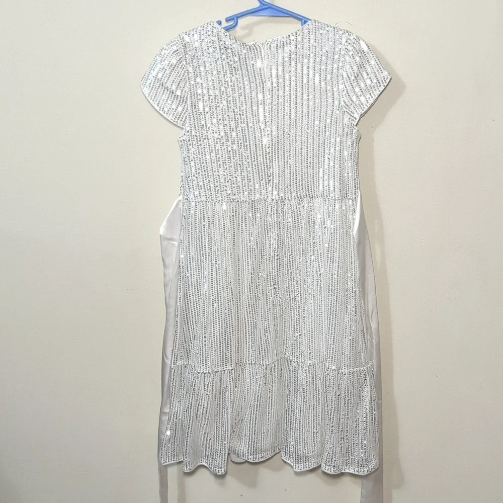 Grace Karin Sparkling Silver Sequin Tiered Dress Girls Size 10
